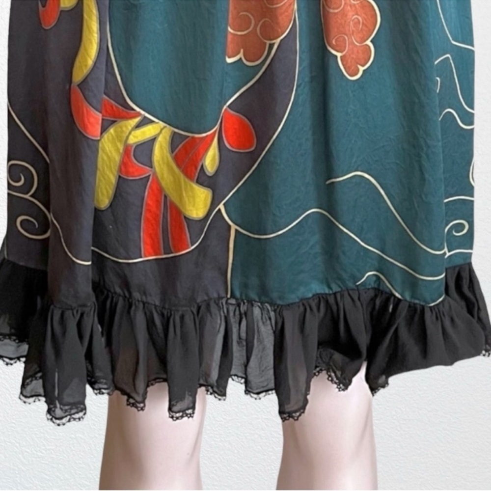 Sue Wong Ruffle Silk Strappy Dress Black Floral Botanical Print SZ 0 - Picture 4 of 11